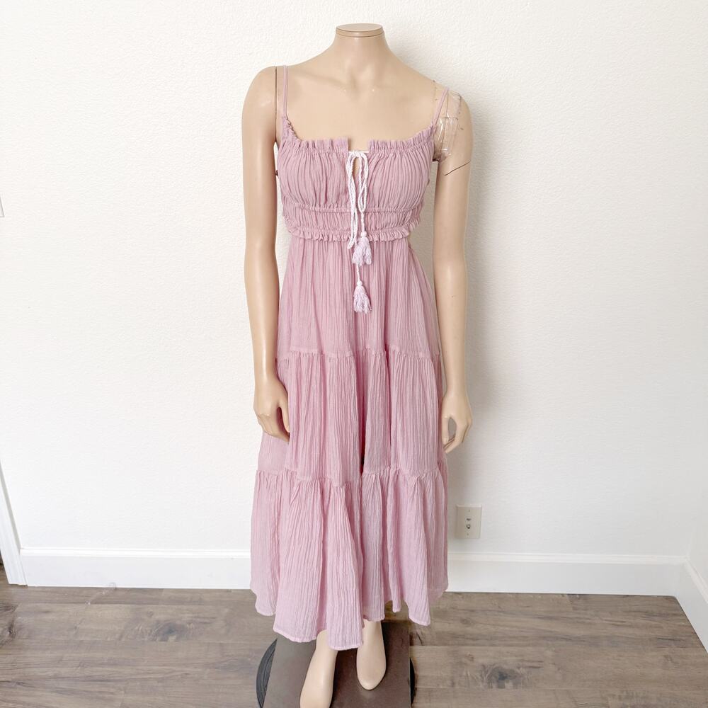 [Pale Pink] Open Back Smocked Bust Square Neck Boho Tiered Midi Dress Sz Large L